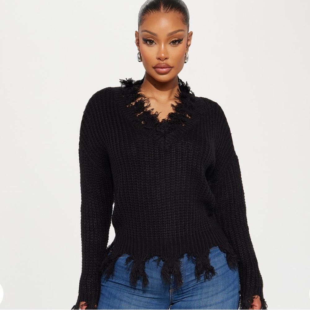 Black Distressed V-Neck Sweater